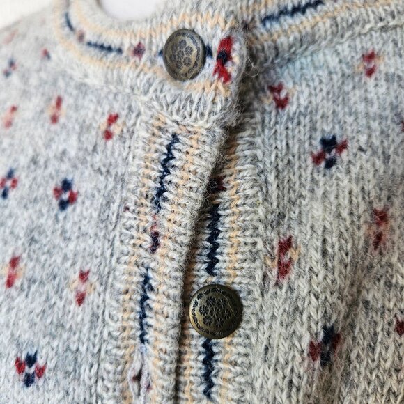 Eddie Bauer 80s 90s Cardigan Sweater Vintage Wool Blend Fair Isle Cottage Gray L - Picture 3 of 8